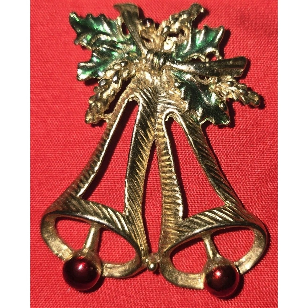Vintage Christmas Bell Brooch Pin Enamel Holly Red Bead 1970s